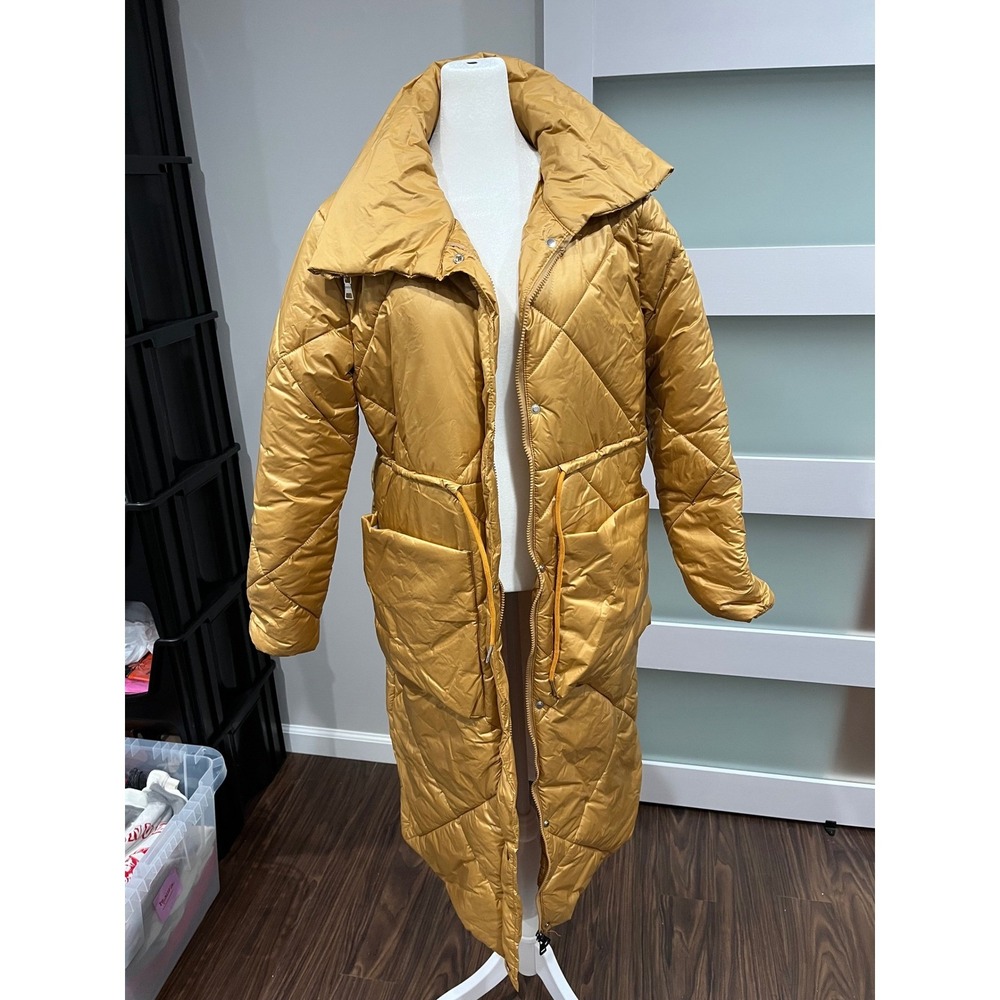 Mustard Yellow Quilted Longline Puffer Coat with Oversized Collar Size S